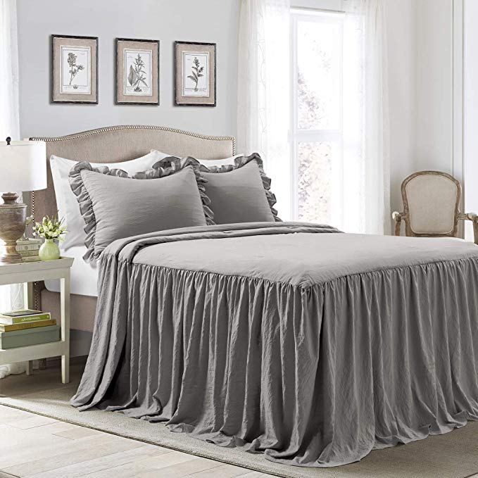 Lush Decor Dark Gray Lush Décor Ruffle Skirt Bedspread Shabby Chic Farmhouse Style Lightweight 3 Piece Set Queen