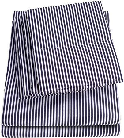 Sweet Home Collection Bed 6 Piece 1500 Thread Count Deep Pocket Sheet Set-2 EXTRA PILLOW CASES, VALUE, Queen, Classic Stripe Navy