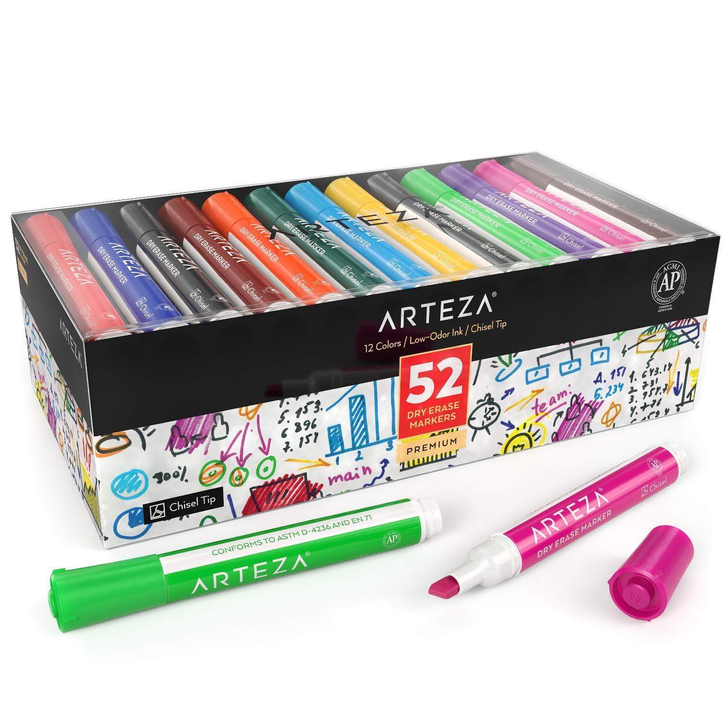 ARTEZA Dry Erase Markers, Bulk Pack of 52 (with Chisel Tip), 12 Assorted Colors with Low-Odor Ink, Whiteboard Pens are perfect for School, Office, or Home : $14.62 or less w/S&S