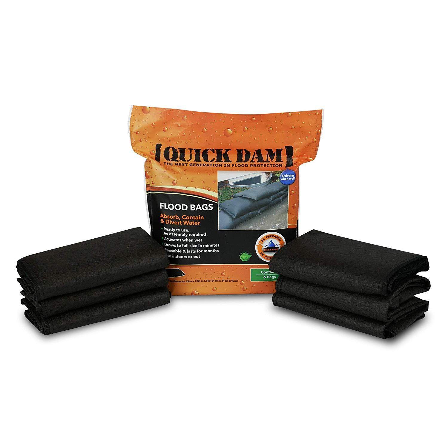 6 pack Quick Dam Water Activated Flood Bags 1 ft x 2 ft, $19.99, 17′ flood barrier, $27.50, Amazon,