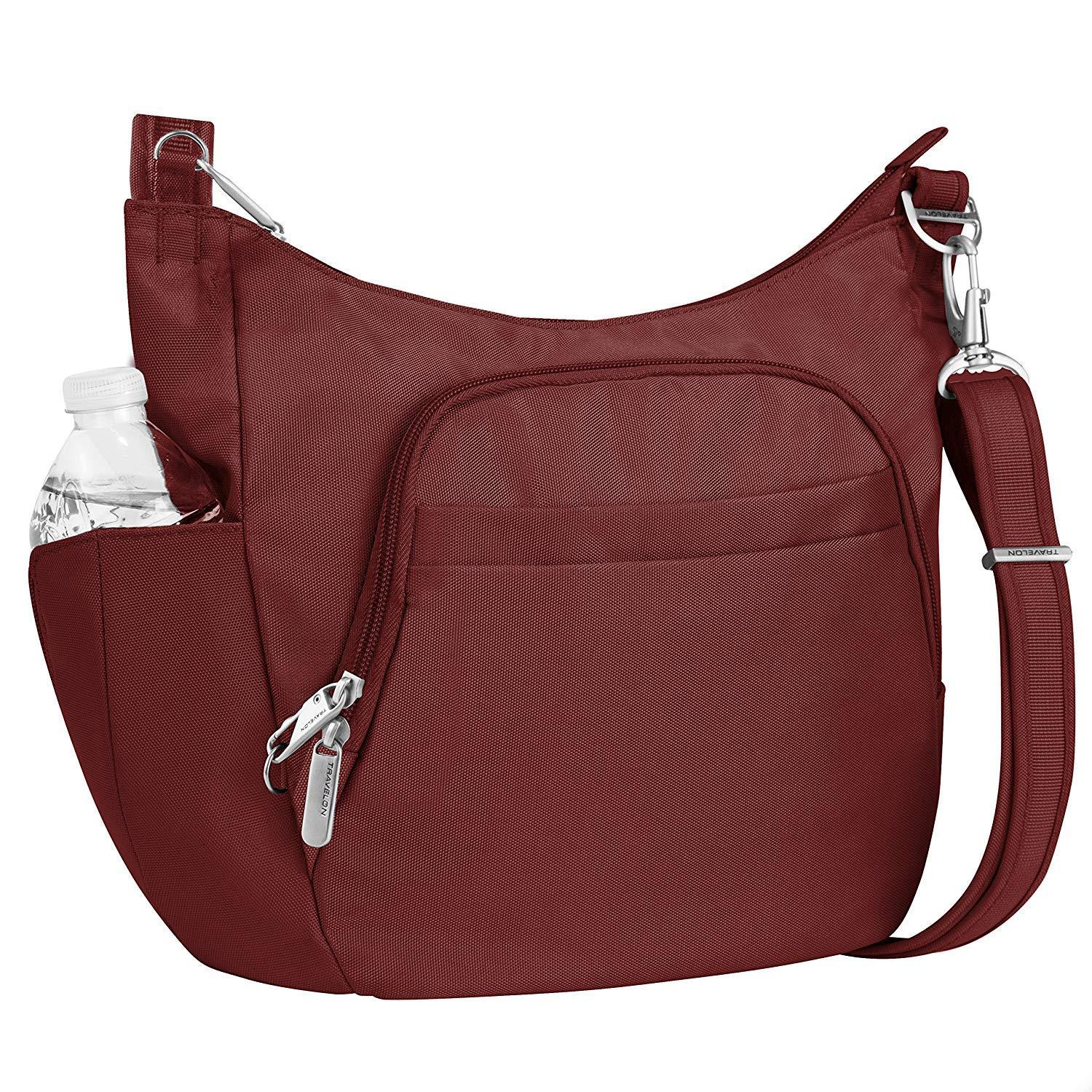 TravelOn Anti-Theft Poly Crossbody Bucket Tote Bag in Wine $36 at Home Depot/Amazon