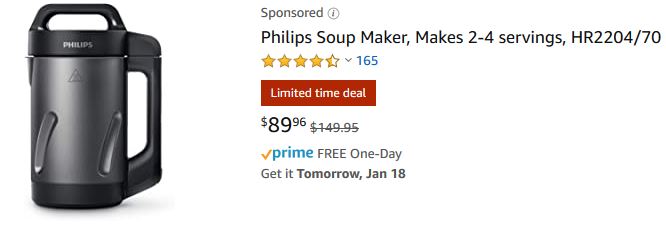 Philips Soup Maker, Makes 2-4 servings, HR2204/70 $89.96