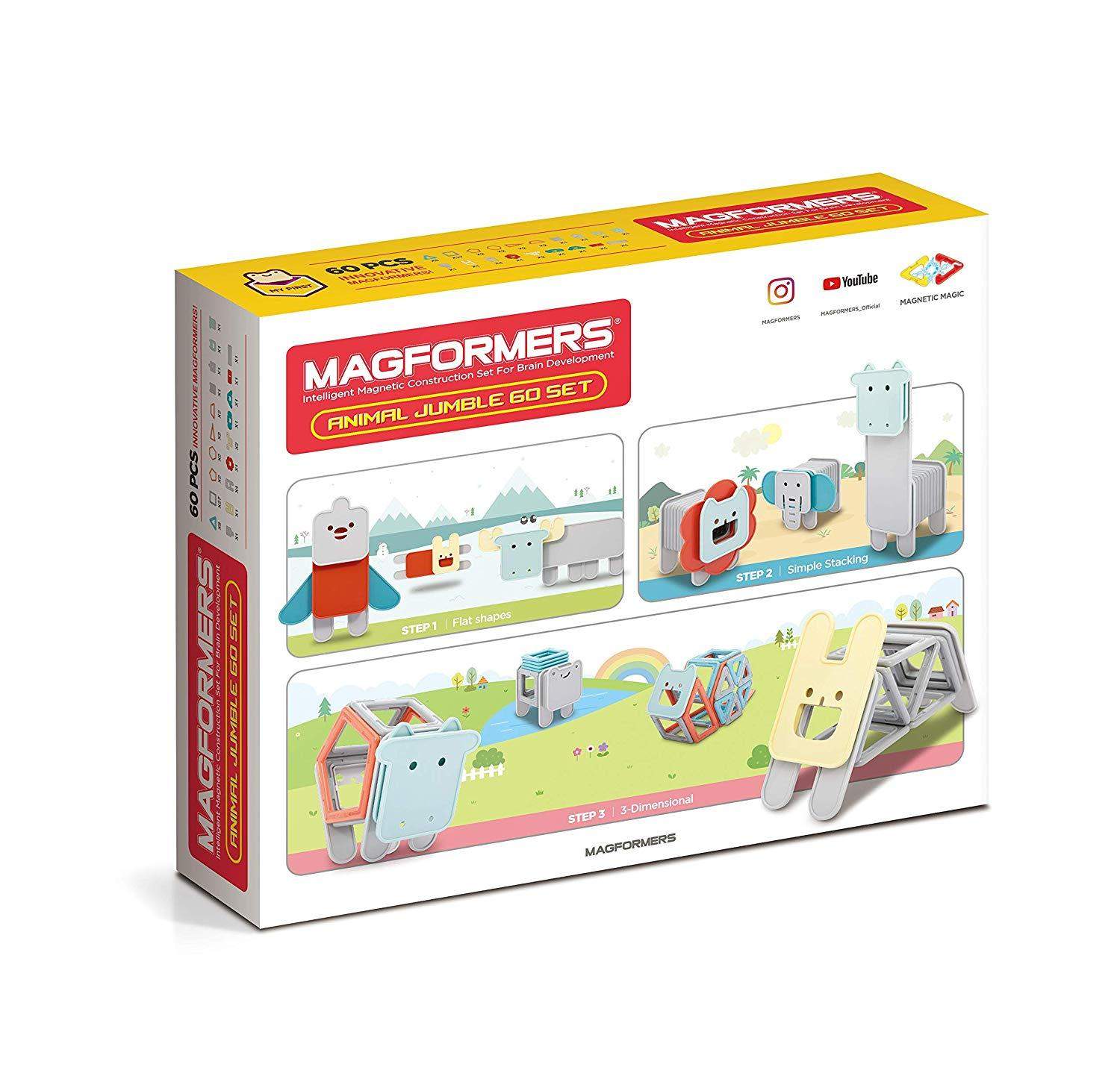 Magformers My First Animal Jumble 60Piece Set, Pastel Colors, Educational Magnetic Geometric Shapes Tiles Building STEM Toy Set Ages 3+ $21.77