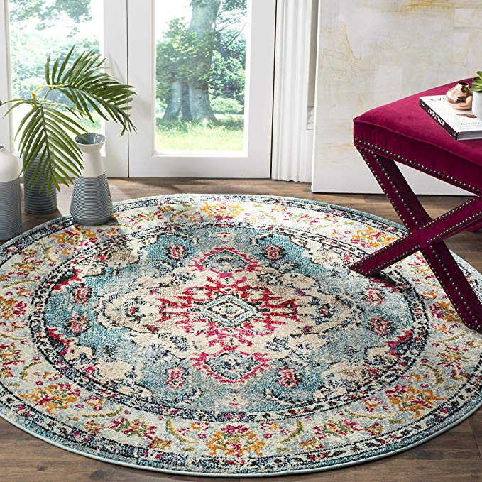 Safavieh Monaco Collection MNC243J Bohemian Chic Medallion Distressed Area Rug, 6′ 7″ Round, Light Blue/Fuchsia