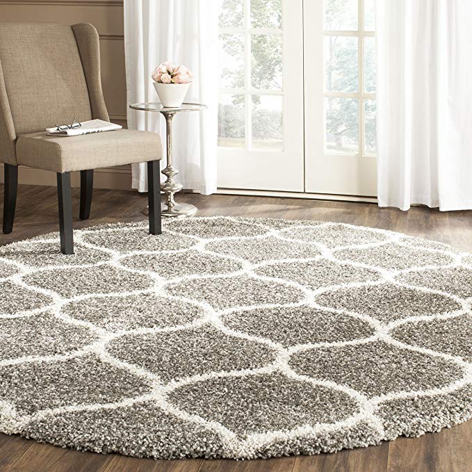 Safavieh Hudson Shag Collection  Grey and Ivory Moroccan Ogee Plush Round Area Rug (7′ Diameter)