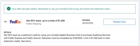 Amex Provide 50% again on fedex, as much as $1000 again