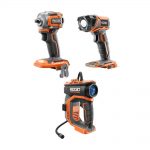 RIDGID 18V LithiumthroughIon Brushless Cordless 3(three)/2 in. Impact Wrench, Torch Light, and High Pressure Inflator Kit (Tools Only)-R92162SBN through $109 at Home Depot