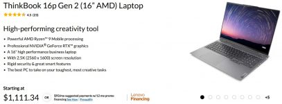 [PerksAtWork] Lenovo ThinkBook 16p Gen 2 (16” AMD) Laptop computer (5600H, 2.5k Show, RTX 3060 Max-Q 75W) – $1,111.34