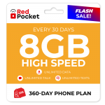 Red Pocket Mobile. Verizon, AT&T or TMO 8GB/Mo. Limitless Discuss/Textual content $220 – 360 Day Pay as you go $220.00