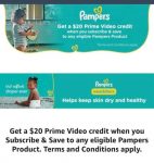 Amazon : $20.00 Prime Video Credit W/Qualifying Pampers Subscribe and Save
